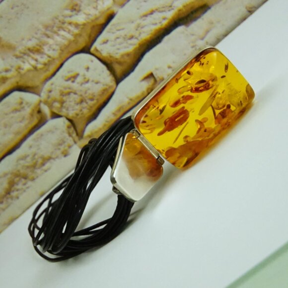 Modernist Faceted Amber and 925 Silver Huge Pendant With Black Leather Cord 17" - Picture 13 of 16